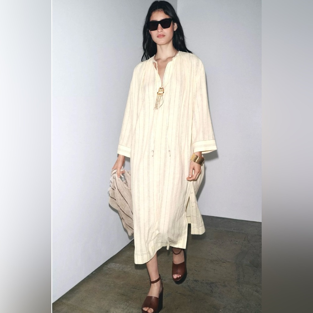 ZARA STRIPED LINEN TUNIC DRESS SIZE L - Picture 5 of 7